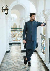Classic Blue Waistcoat with shalwar kameez