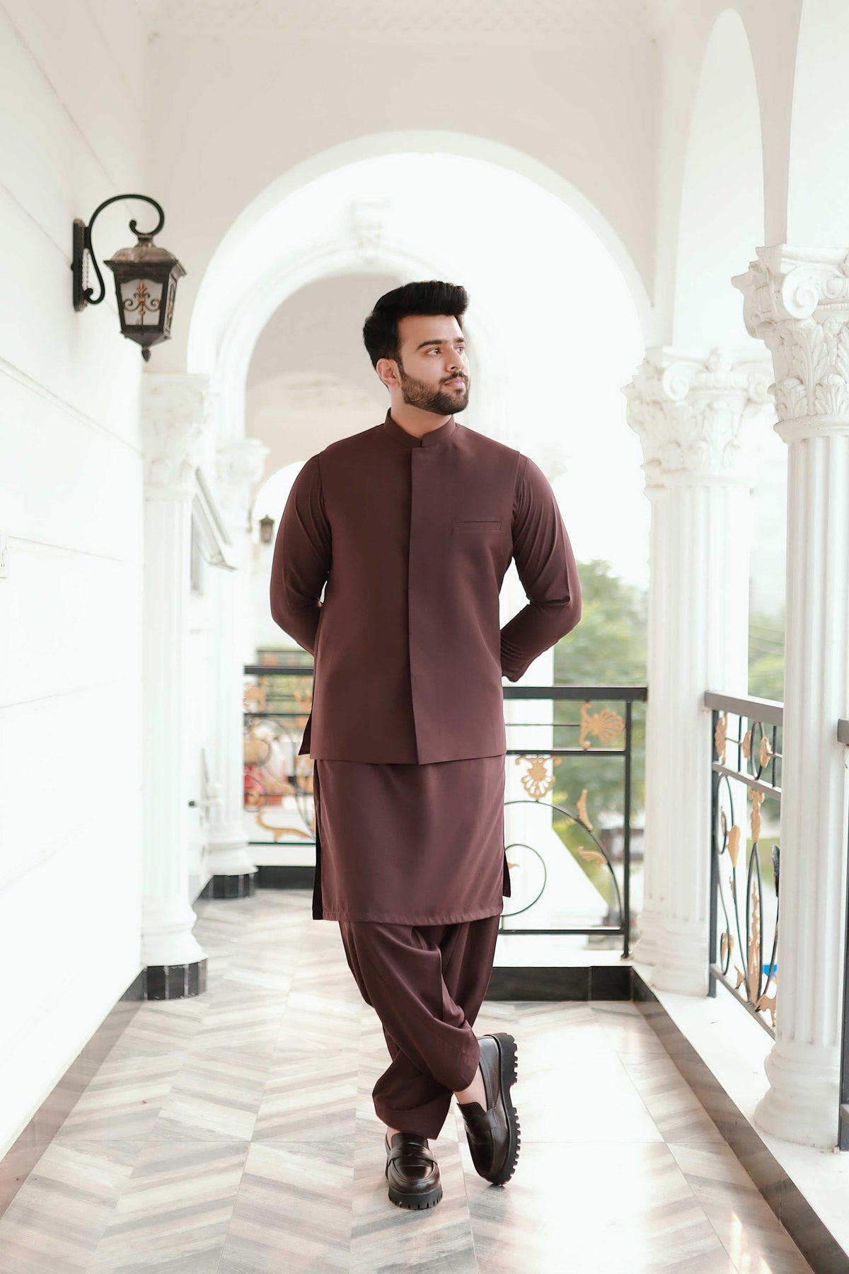 Burgundy shalwar kameez with waistcoat